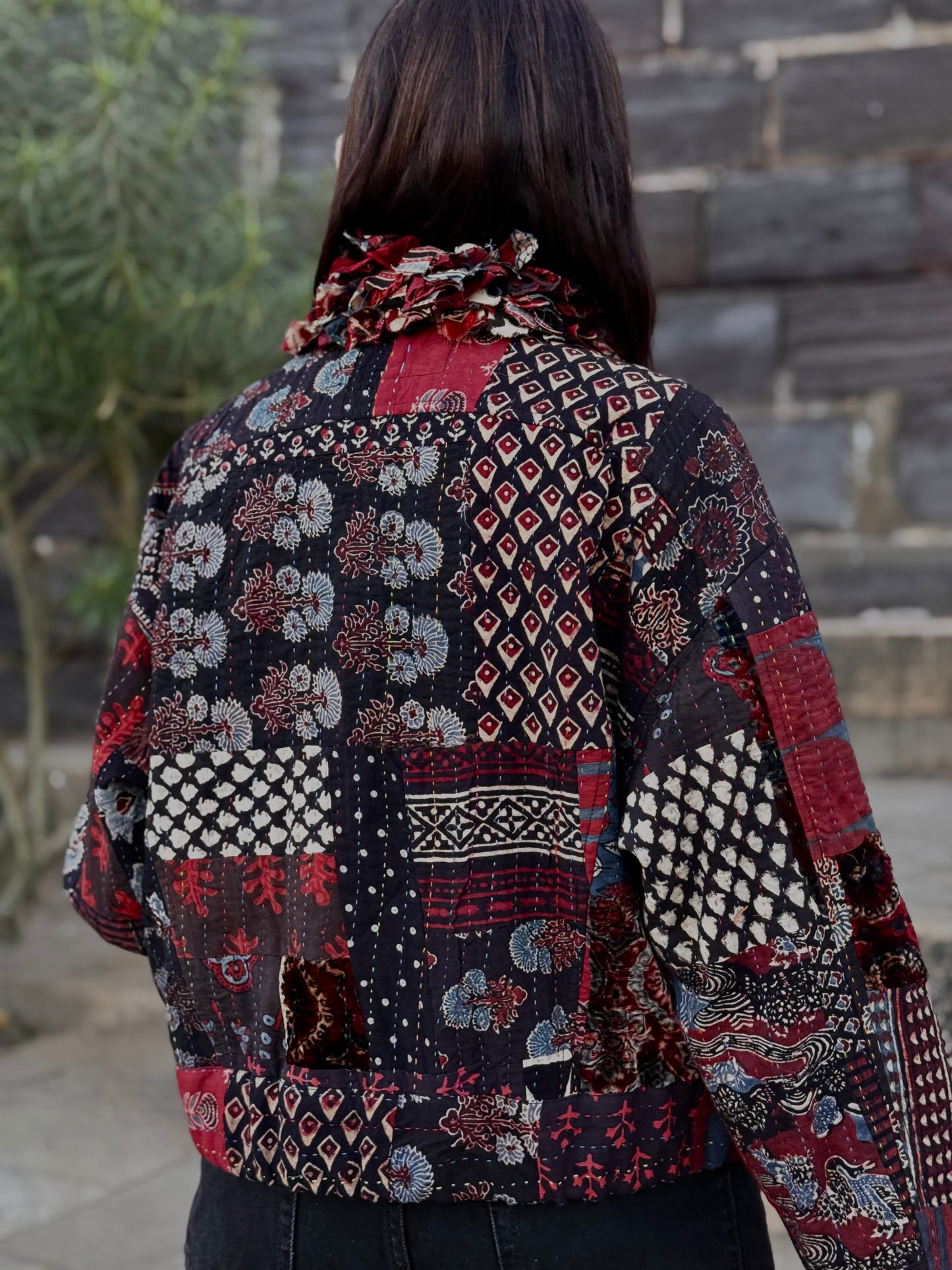 Handcrafted Ajrakh Patchwork Bomber Jacket - Luxe Art-to-Wear Design