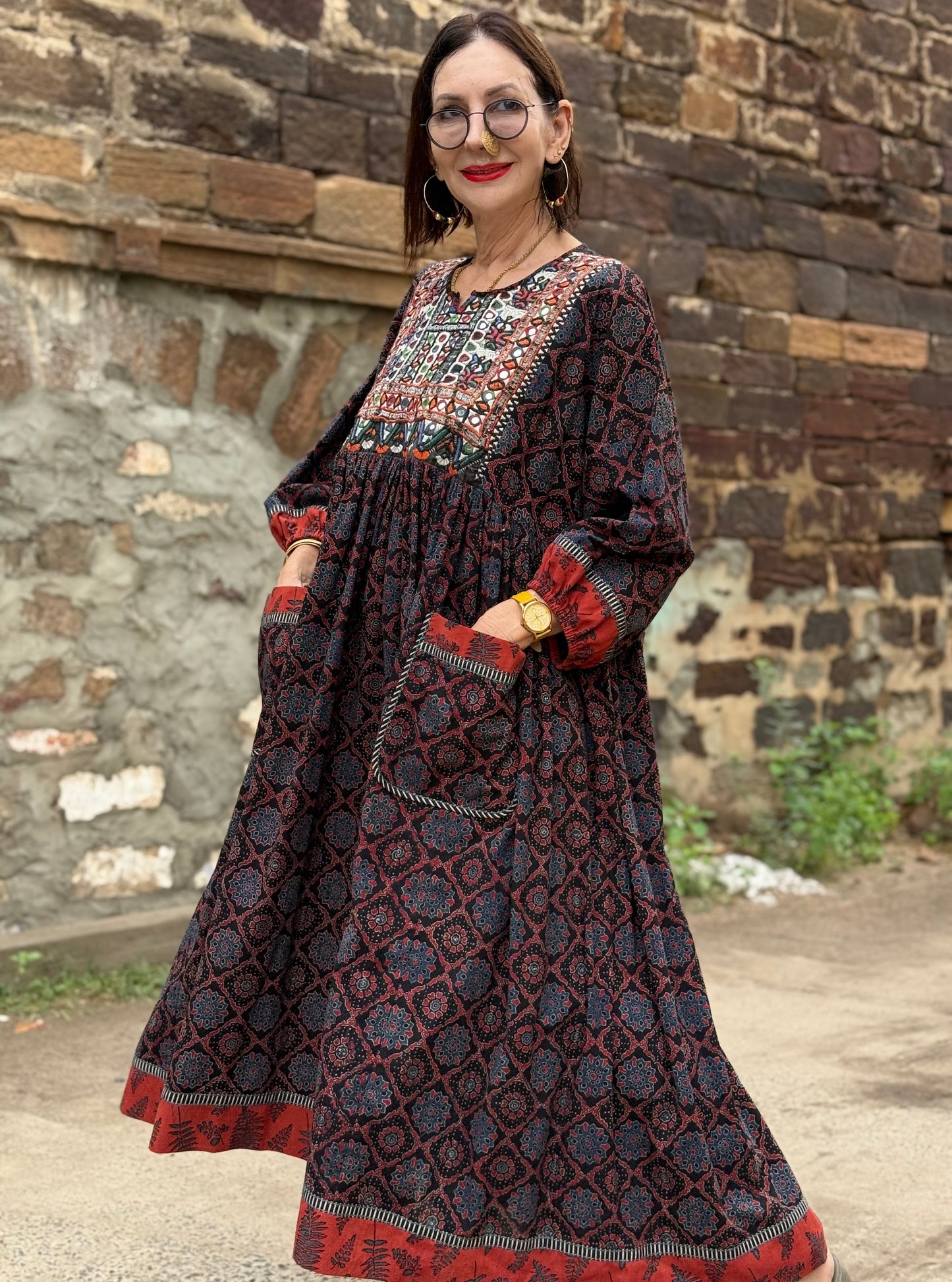 Dark indigo Ajrakh dress with fine Kutch hand embroidery