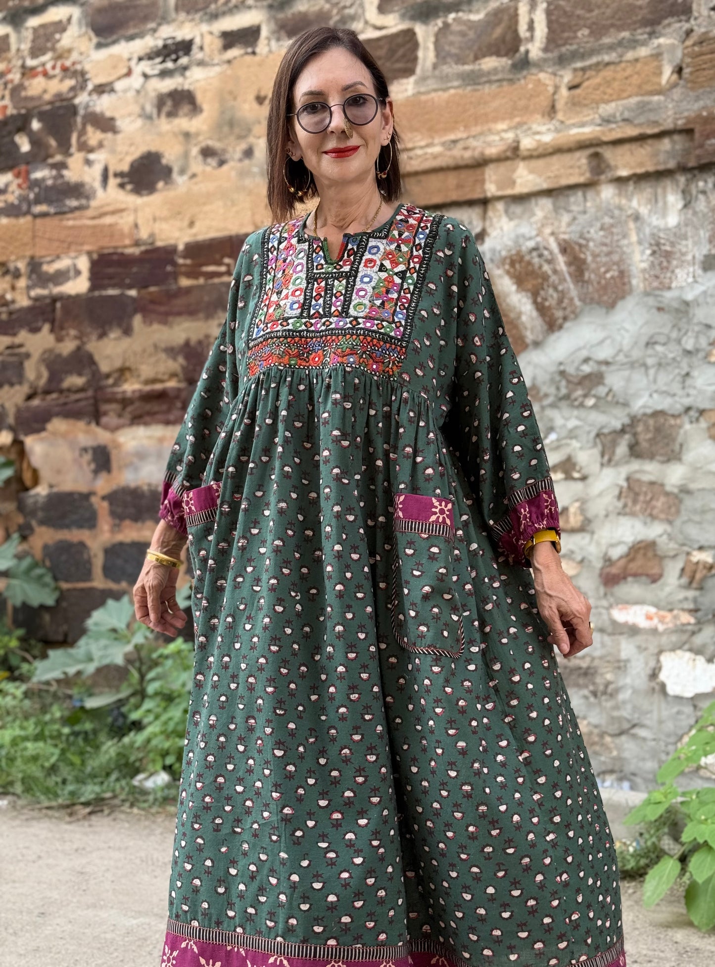 Statement Green Dress with Vintage Kutch Embroidery & Sparkle