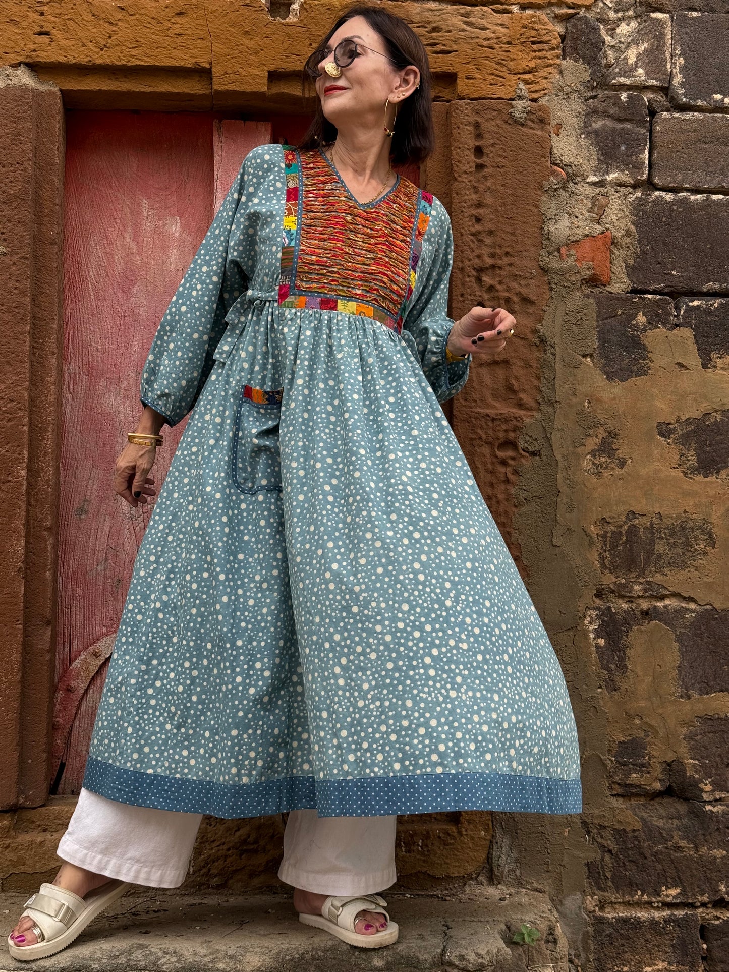 Handcrafted Ajrakh Block Print Dress with Appliqué Details