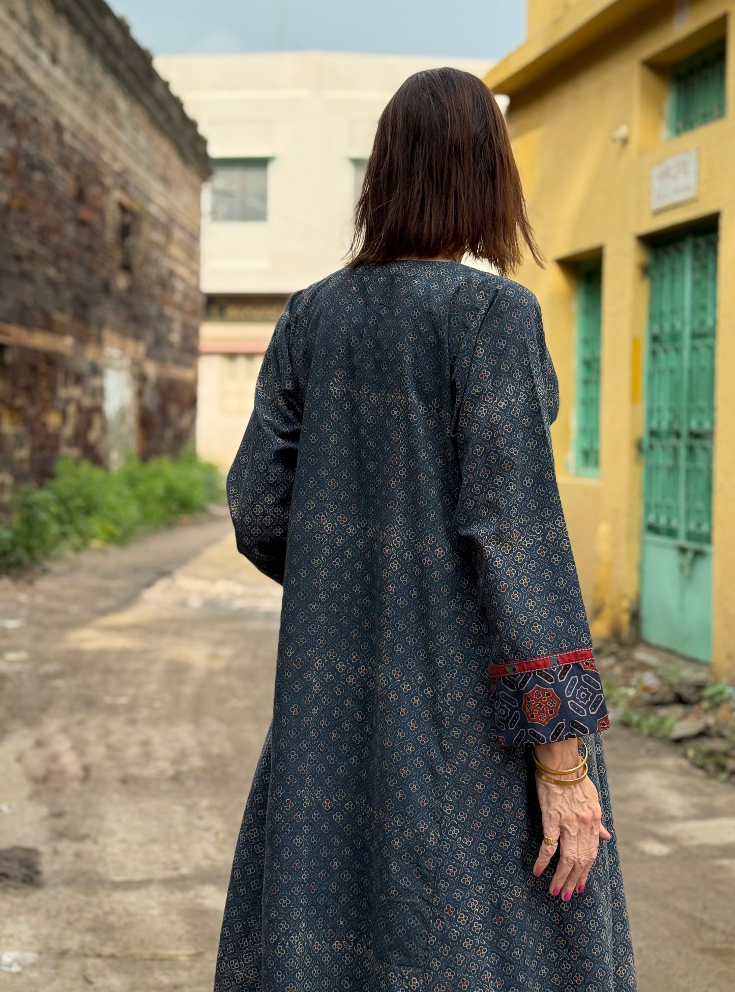 Indigo Ajrakh Kurta with Kutch Embroidery