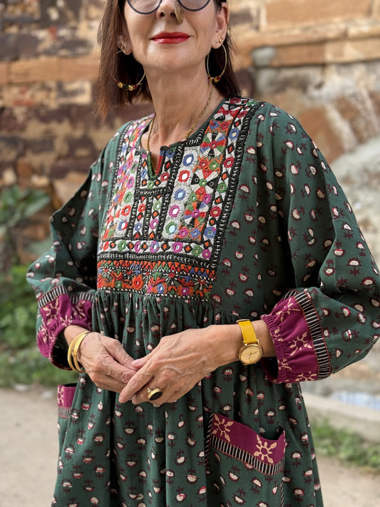 Statement Green Dress with Vintage Kutch Embroidery & Sparkle