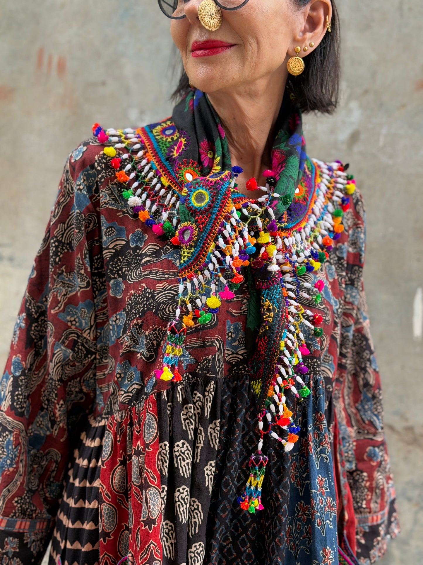 Hand embroidered scarf with beadwork and colorful tassels