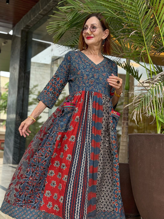 Indigo & Red Ajrakh Maxi Dress with Hand Embroidered Pockets