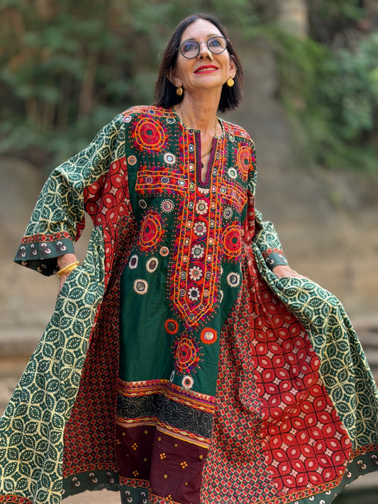 XXL Madame Hall 1-of-1 Green Artwear Dress with Rare Heritage Kutch Embroidered Yoke