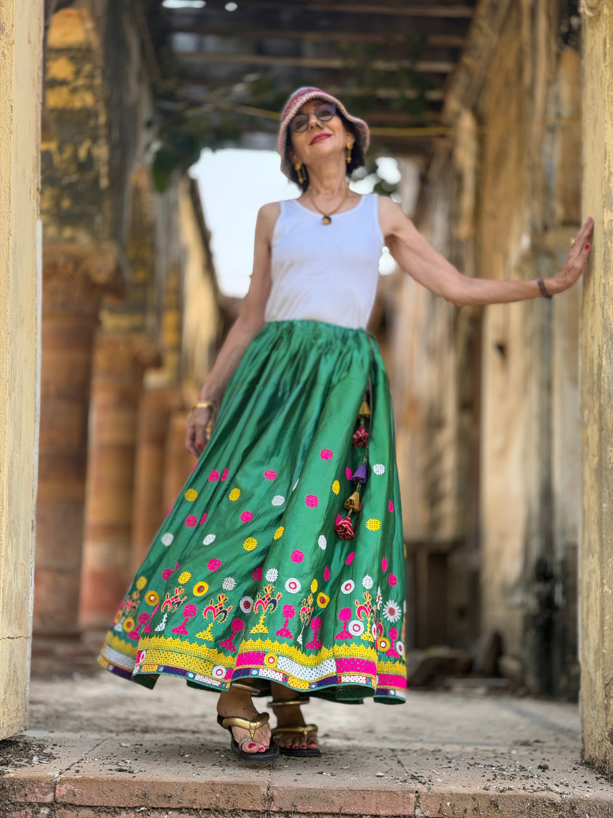 Vintage Emerald Green Hand-Embroidered Silk Navratri Midi Skirt