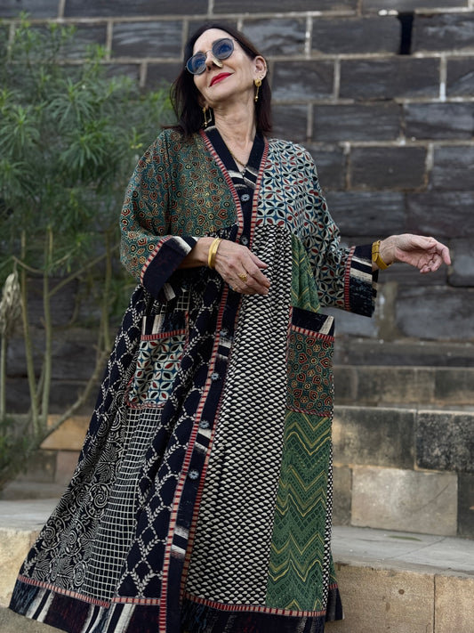 Handmade Cotton Kaftan Dress, Ajrakh Block Print, Art Wear