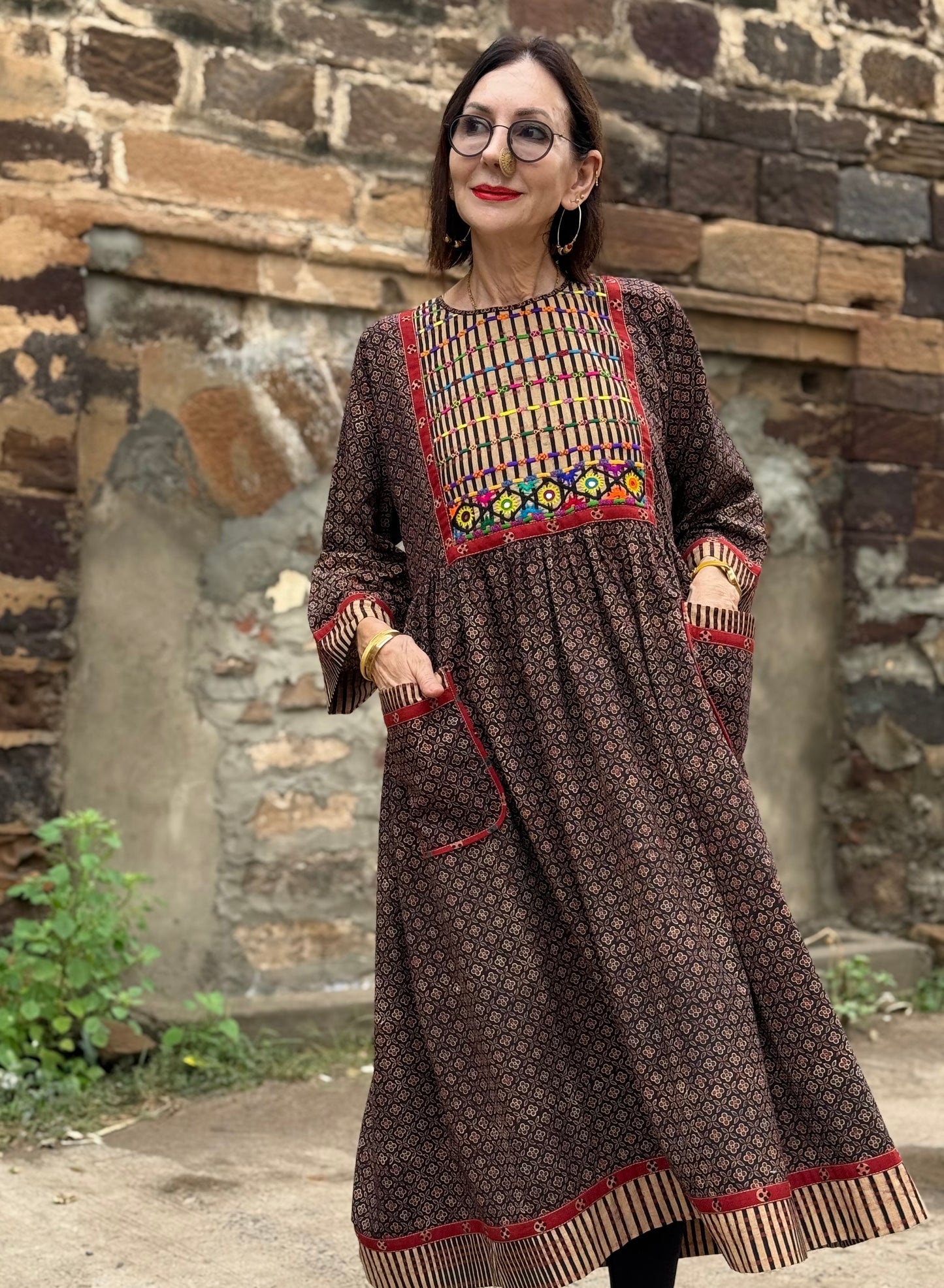 Ajrakh Cotton Dress with Kutch Hand Embroidery