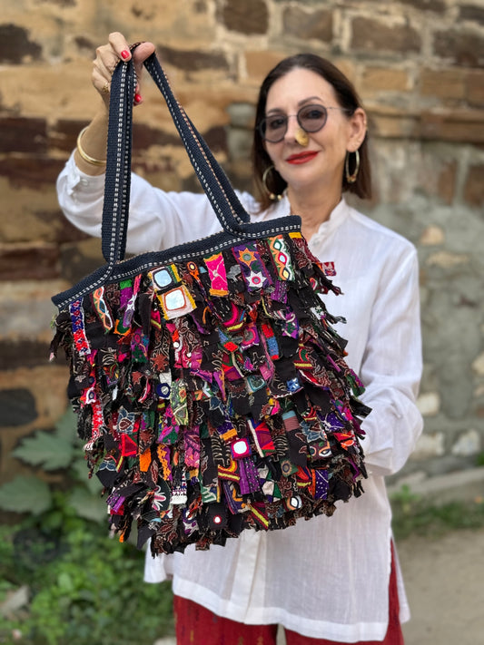 Up-cycled shaggy embroidery bag
