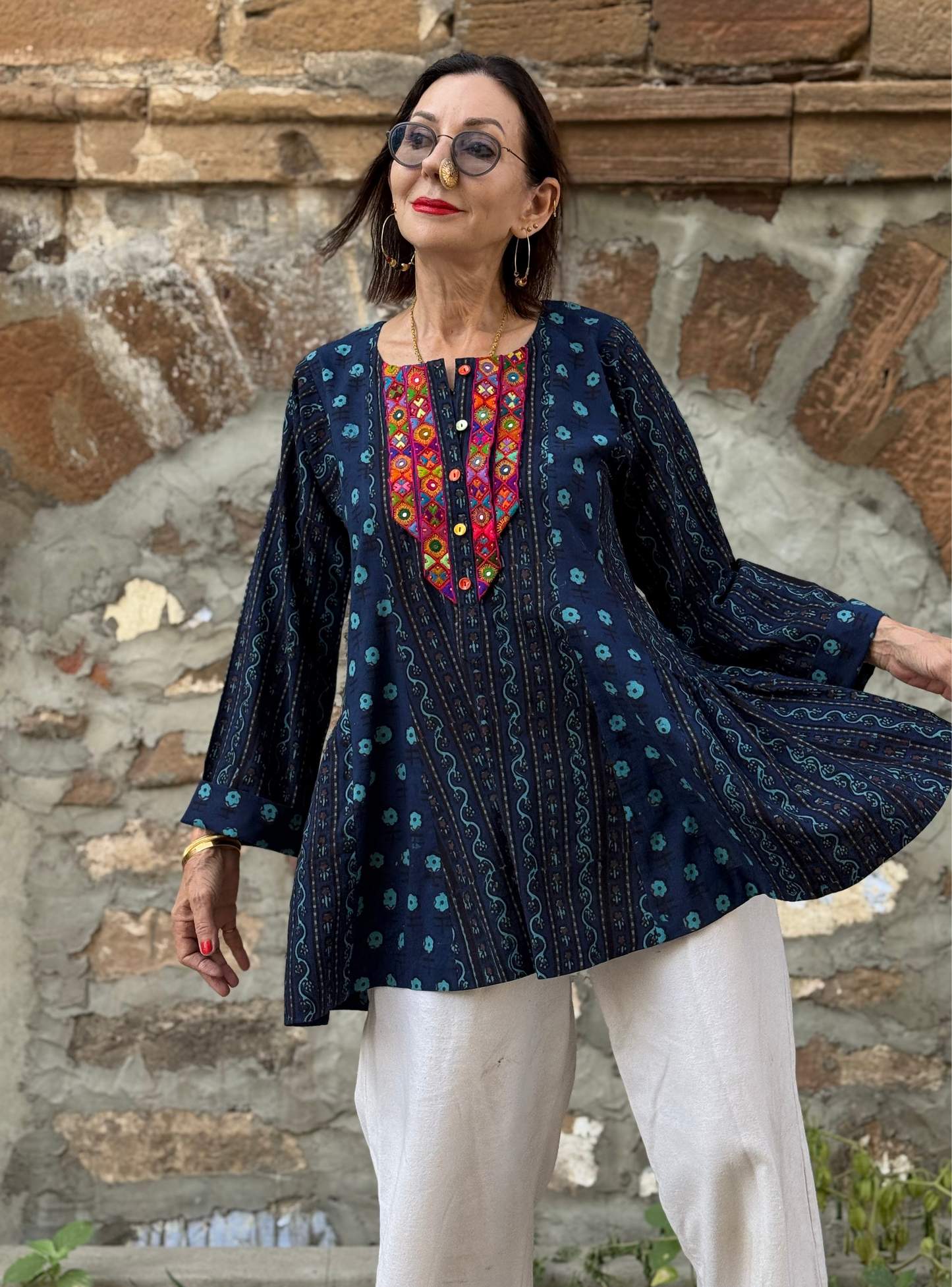 Cotton tunic, hand embroidered with vibrant Kutch needlework bodice