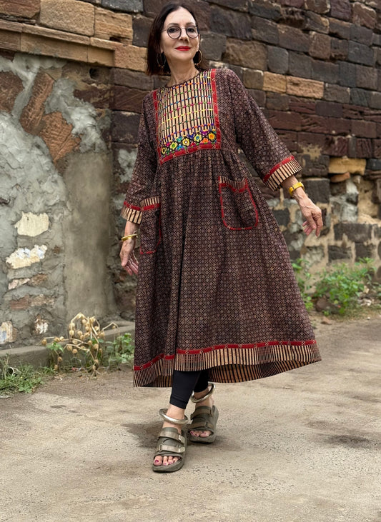 Ajrakh Cotton Dress with Kutch Hand Embroidery