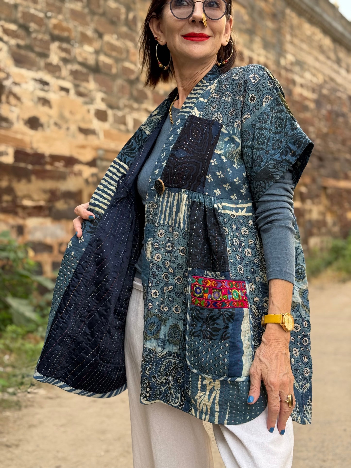 Midnight Indigo Patchwork Vest with Kutch Embroidery