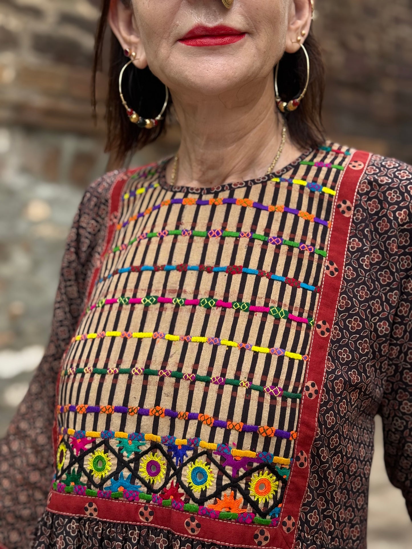 Ajrakh Cotton Dress with Kutch Hand Embroidery