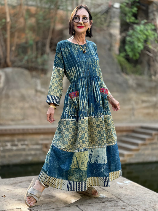 Arty cotton dress in hand printed indigo