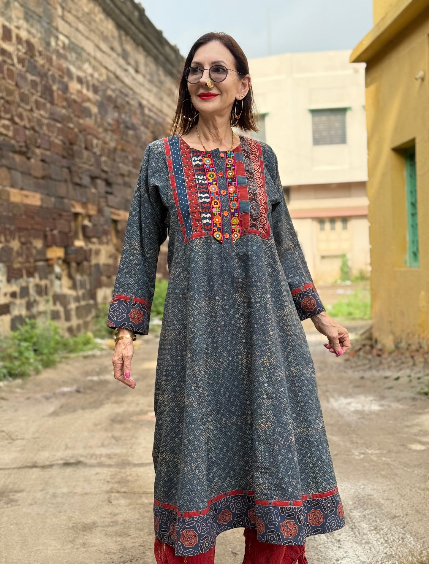Indigo Ajrakh Kurta with Kutch Embroidery