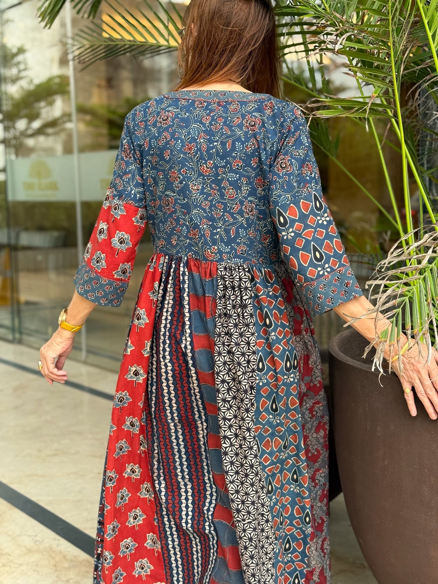 Indigo & Red Ajrakh Maxi Dress with Hand Embroidered Pockets