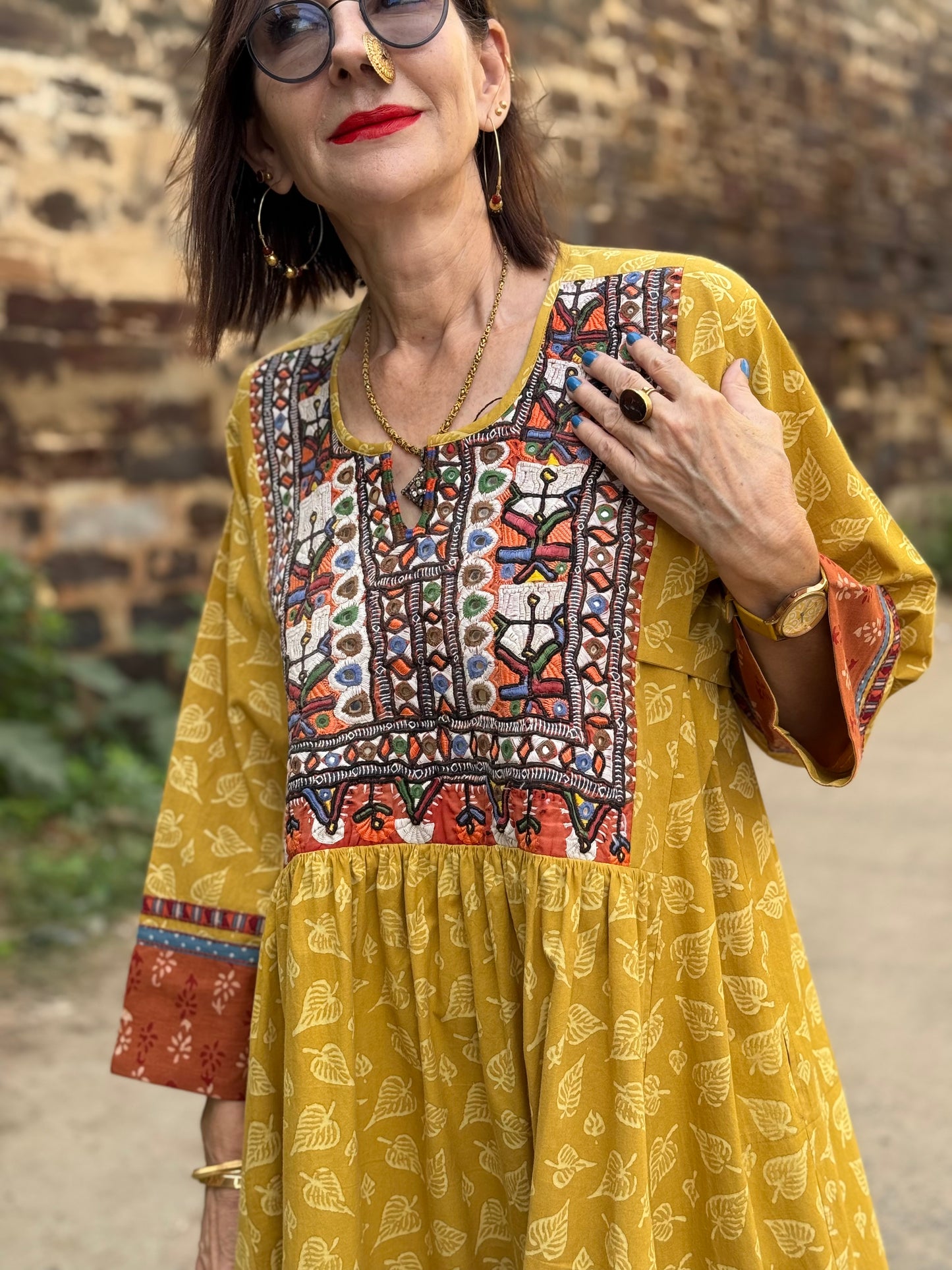 Hand Printed Organic Cotton Dress with Vintage Kutch Embroidery – Yellow Boho Midi Dress with Pockets