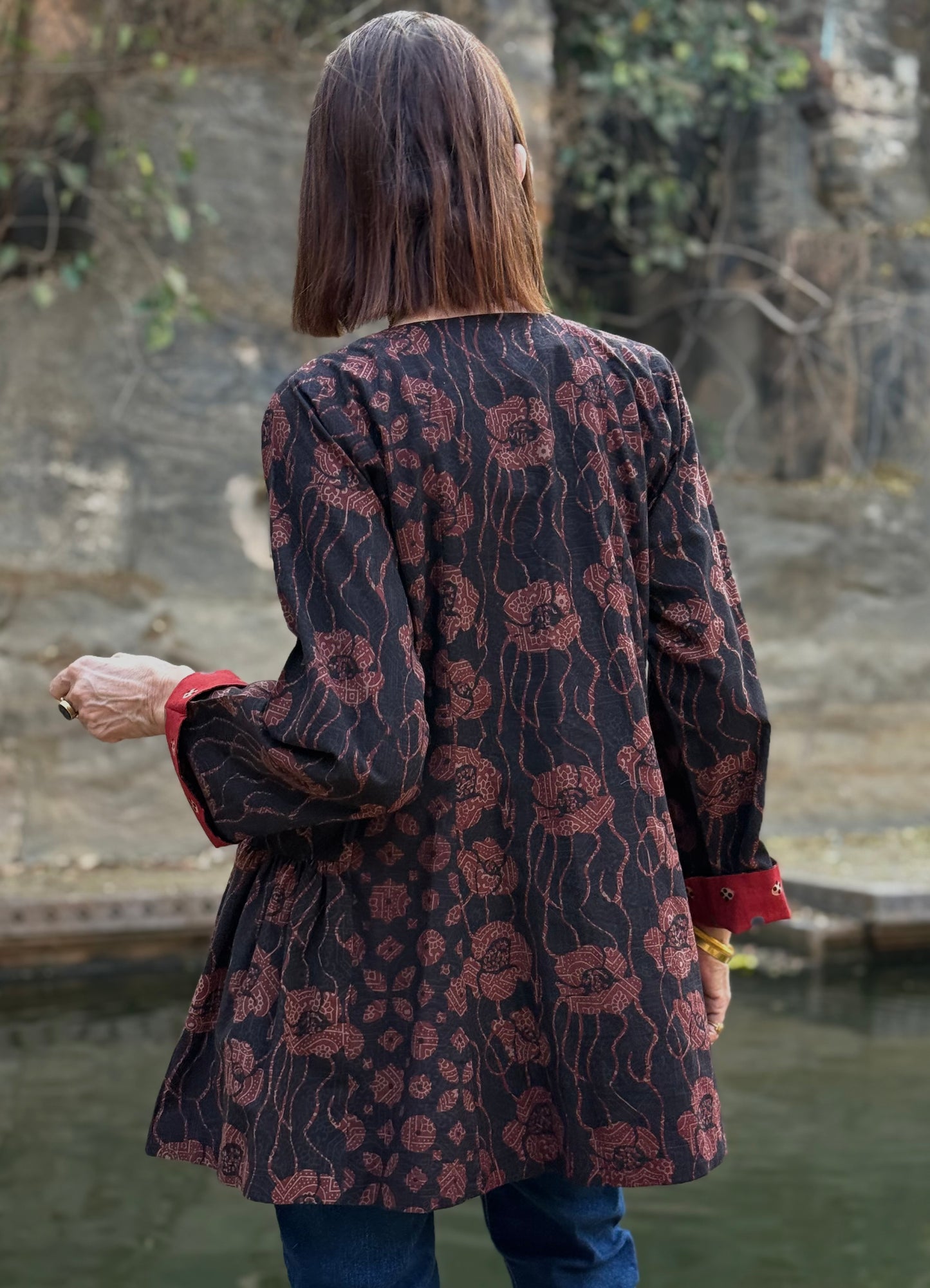 Ajrakh Cotton tunic with Indian mirror embroidery