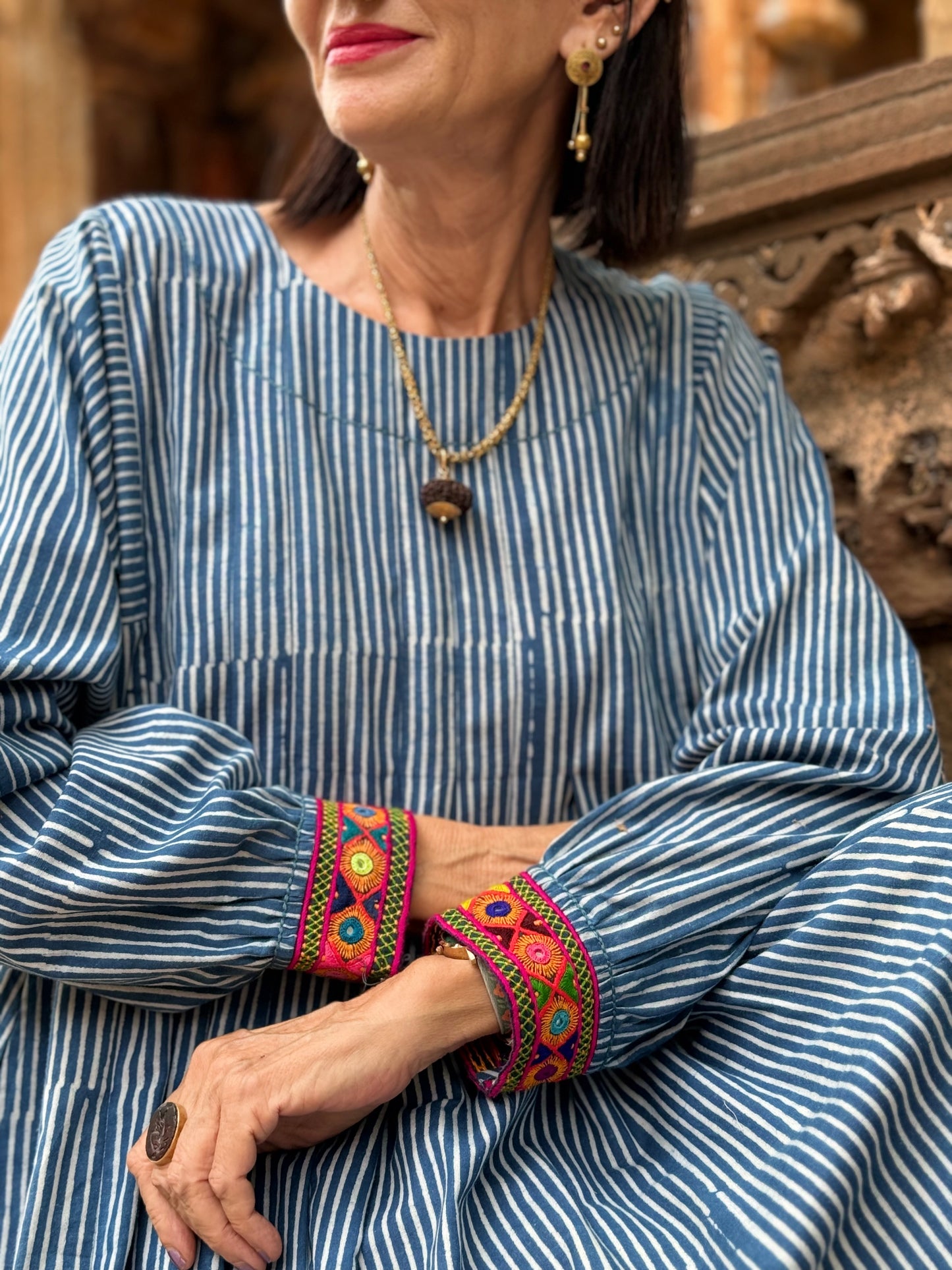 Pin Striped Indigo Blue Dress With Hand Embroidery