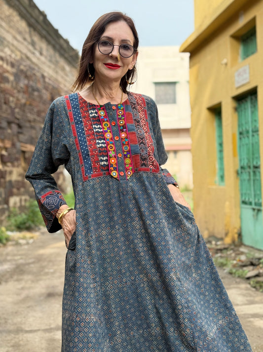Indigo Ajrakh Kurta with Kutch Embroidery