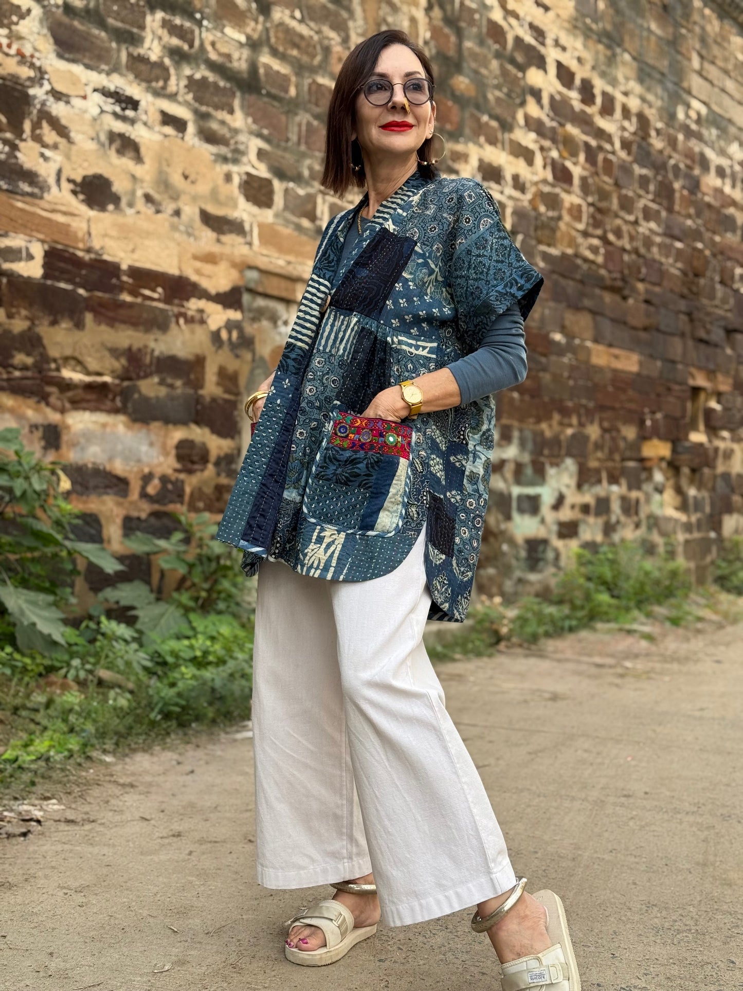 Midnight Indigo Patchwork Vest with Kutch Embroidery