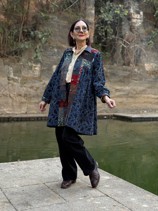 Cotton Shirt or Lightweight Jacket in an Ajrakh Patchwork of Indigo Blue.