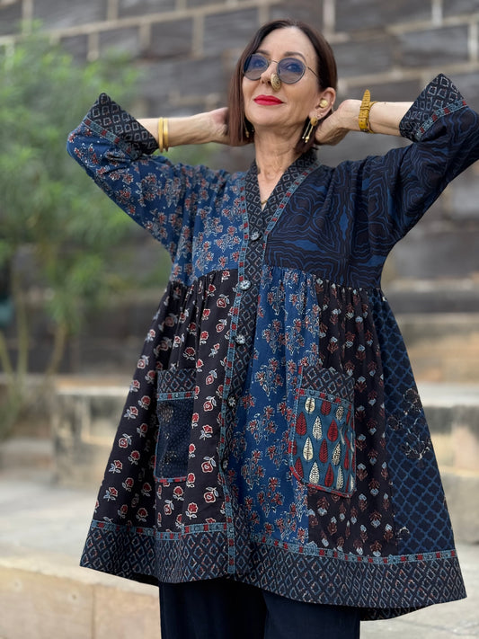 Indigo Blue Cotton Tunic in a mixed print design of hand printed Ajrakh.