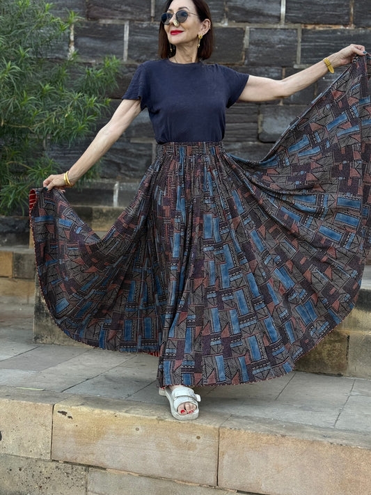 Abstract Indigo Midi Skirt Block from Hand Printed Cotton. Perfect Twirl Skirt
