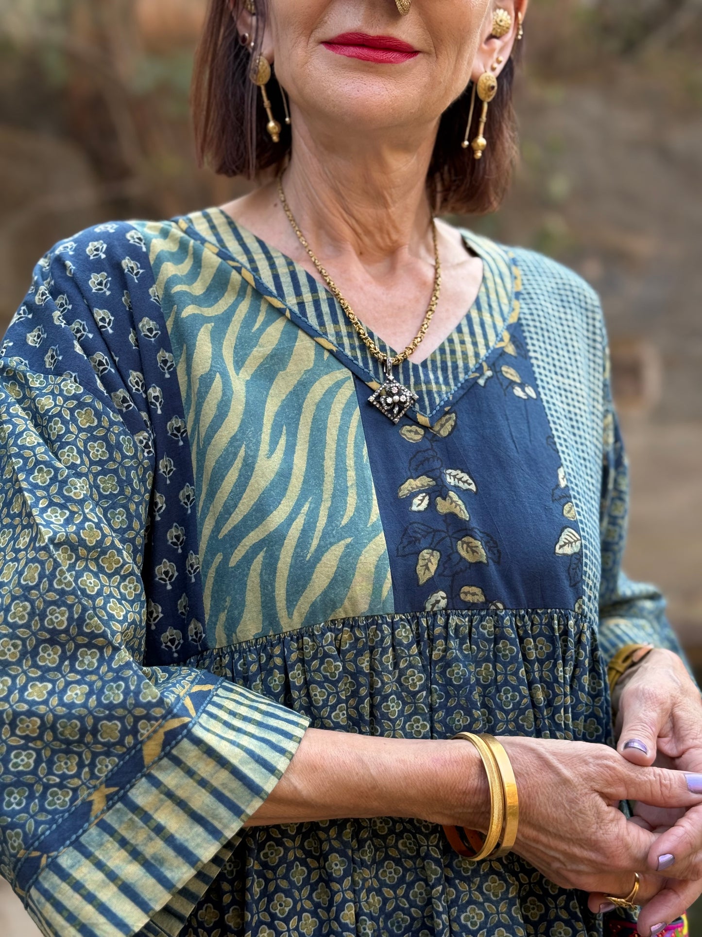 Indigo Ajrakh Tunic With Kutch Embroidery