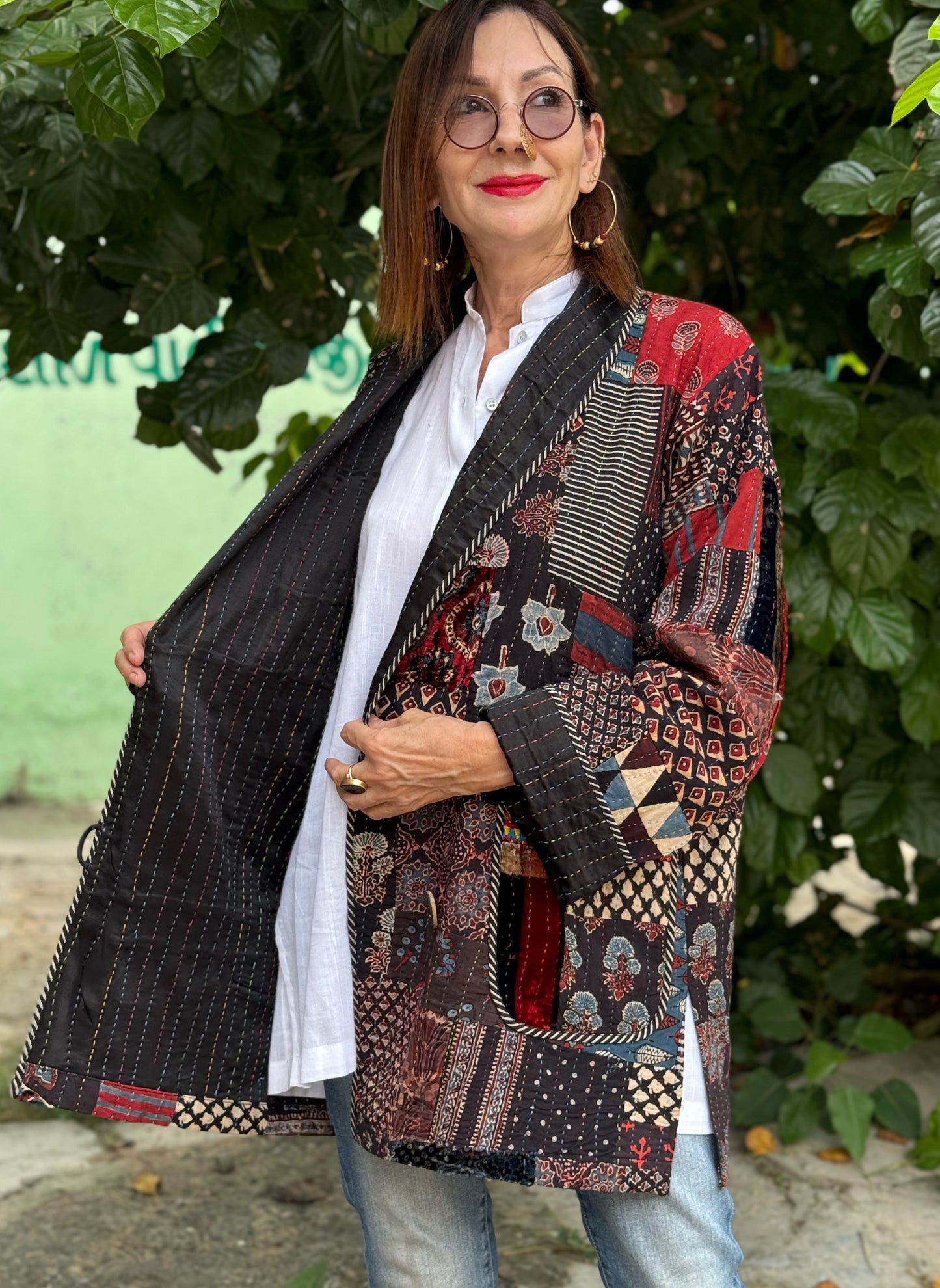 Hand quilted patchwork jacket of luxe Ajrakh