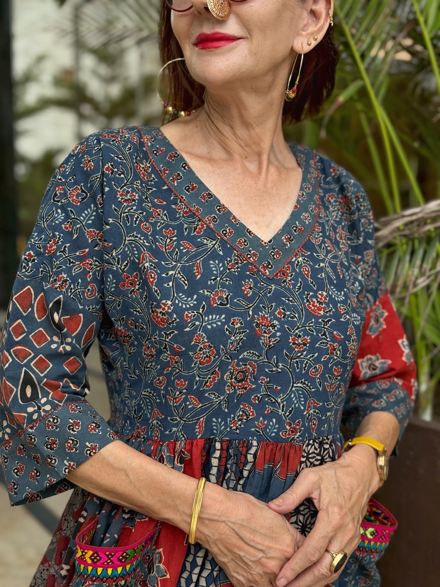 Indigo & Red Ajrakh Maxi Dress with Hand Embroidered Pockets