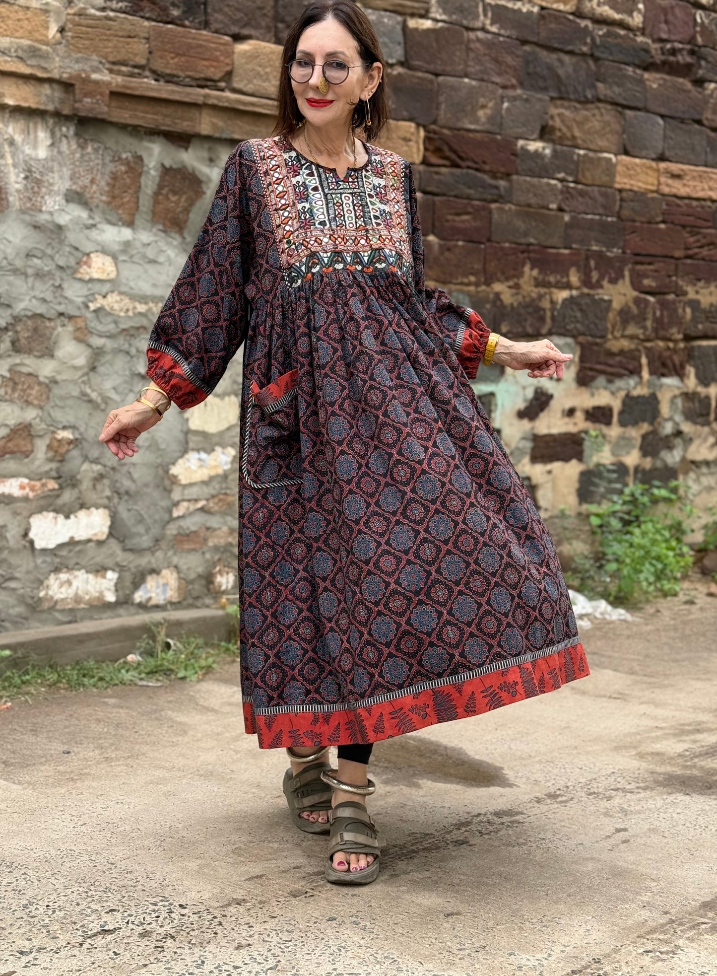 Dark indigo Ajrakh dress with fine Kutch hand embroidery