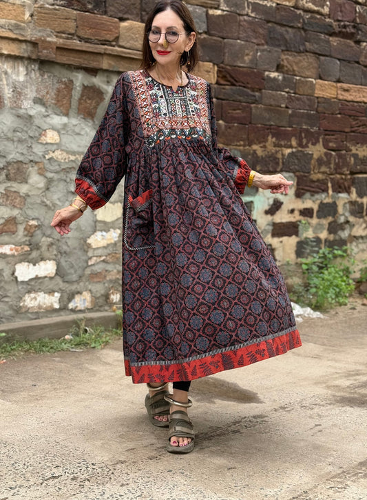 Dark indigo Ajrakh dress with fine Kutch hand embroidery
