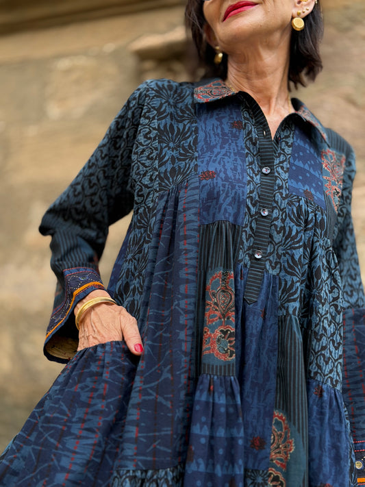 Madame Hall Artisan Indigo Ajrakh Patchwork Tiered A-Line Dress