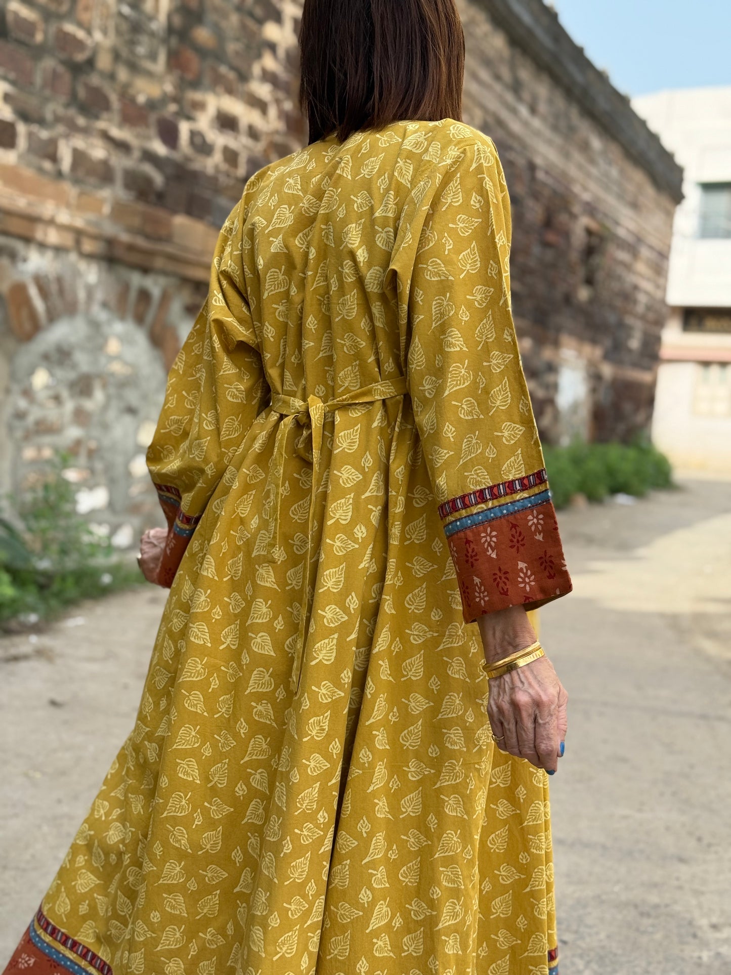 Hand Printed Organic Cotton Dress with Vintage Kutch Embroidery – Yellow Boho Midi Dress with Pockets