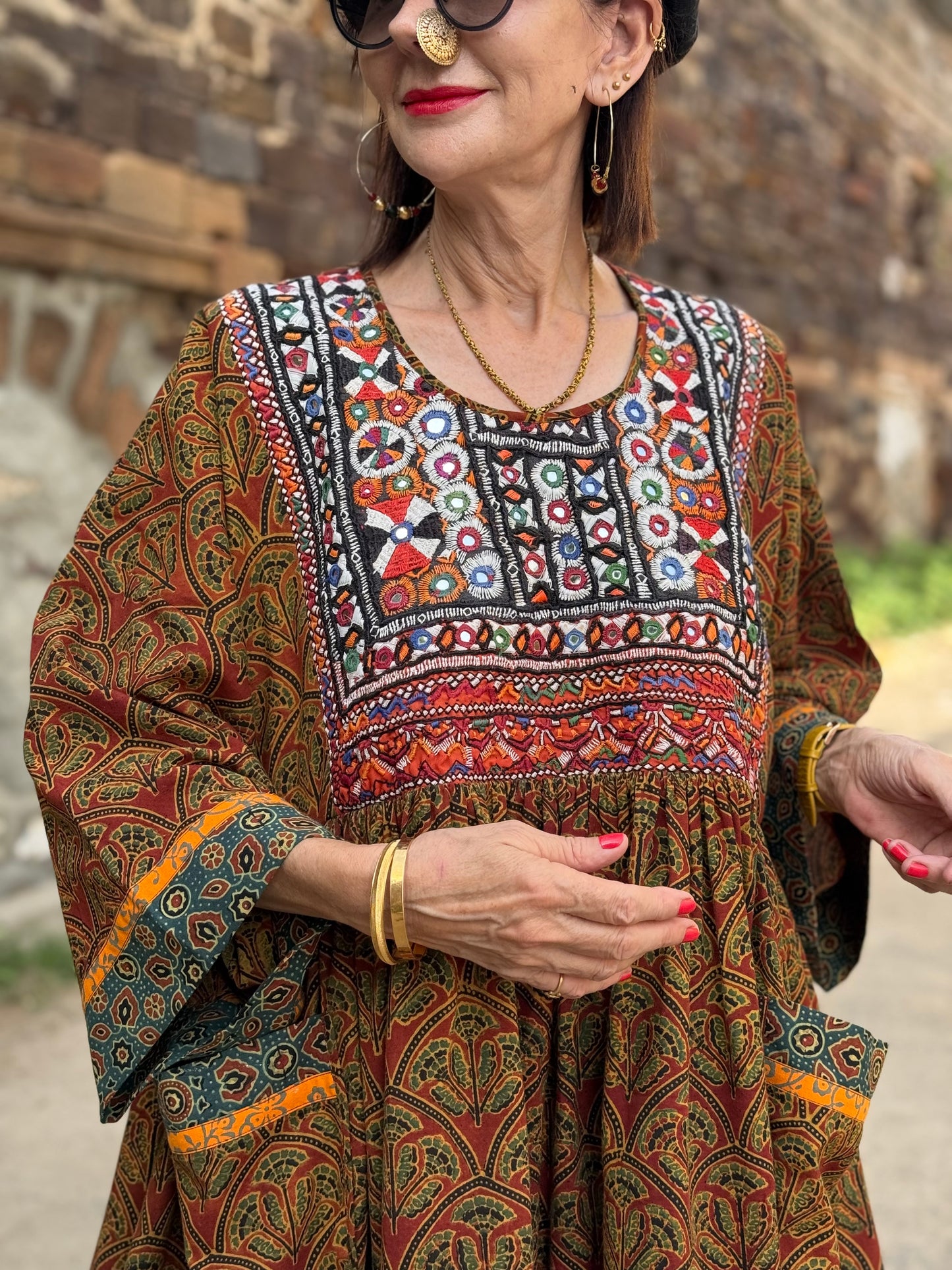 Collector’s Edition: Hand Block-Printed Boho Dress with Fine Kutch Embroidery