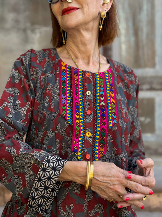 Cotton Ajrakh Tunic with Colorful Embroidery