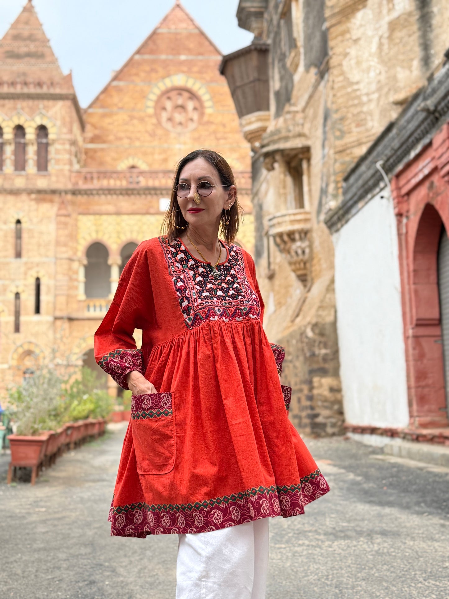 Kutch Tribal Embroidery Orange Cotton Tunic
