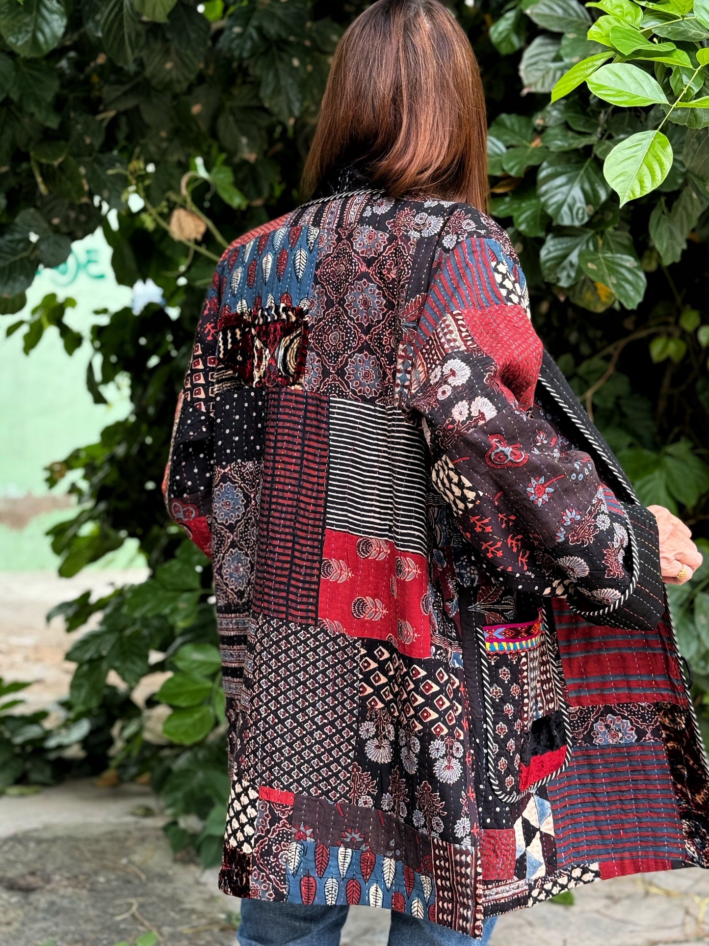 Hand quilted patchwork jacket of luxe Ajrakh