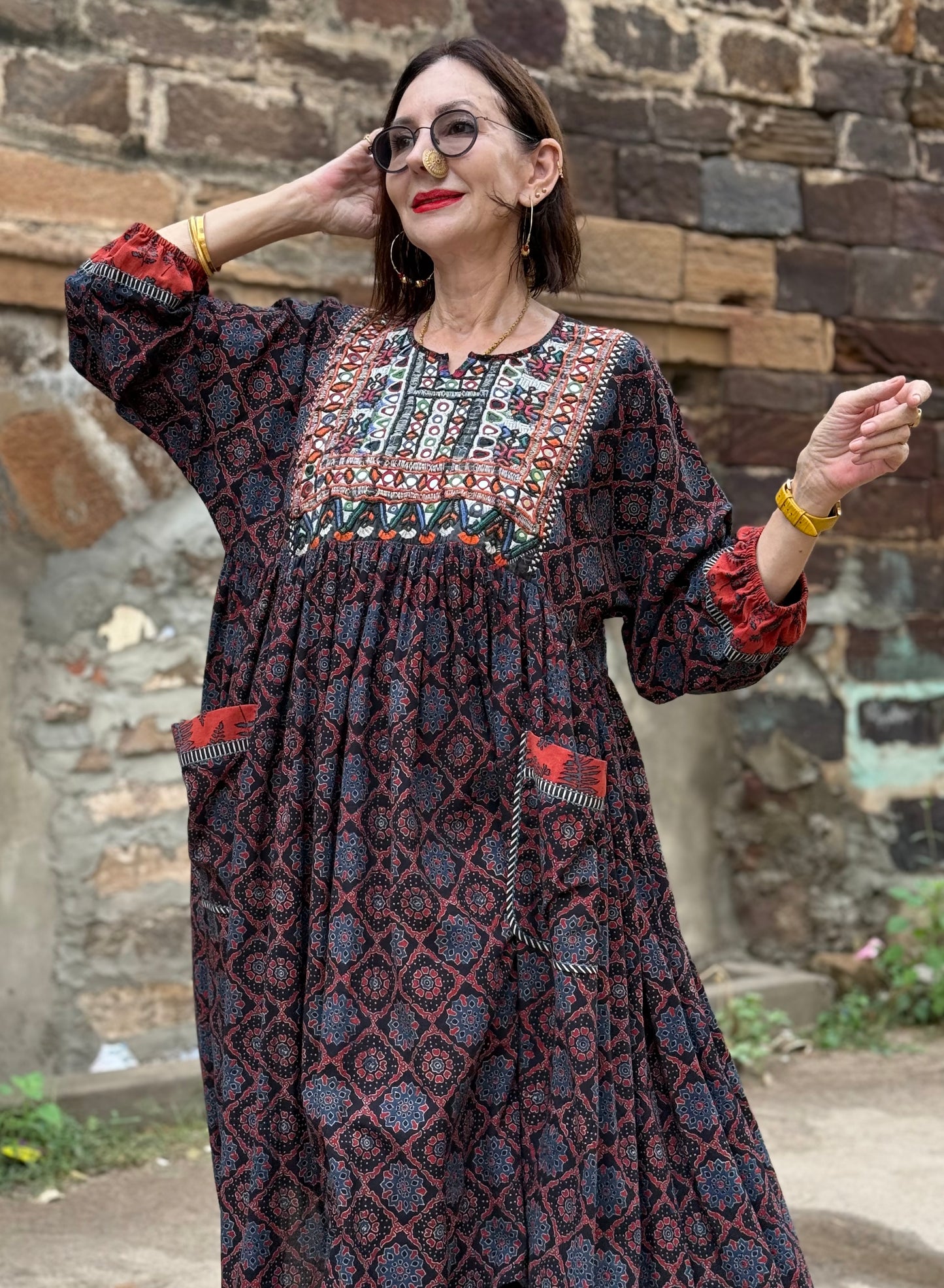 Dark indigo Ajrakh dress with fine Kutch hand embroidery