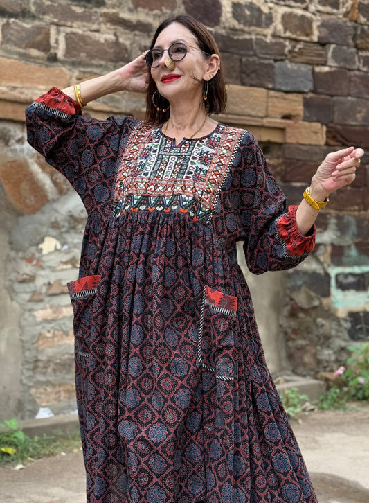 Dark indigo Ajrakh dress with fine Kutch hand embroidery