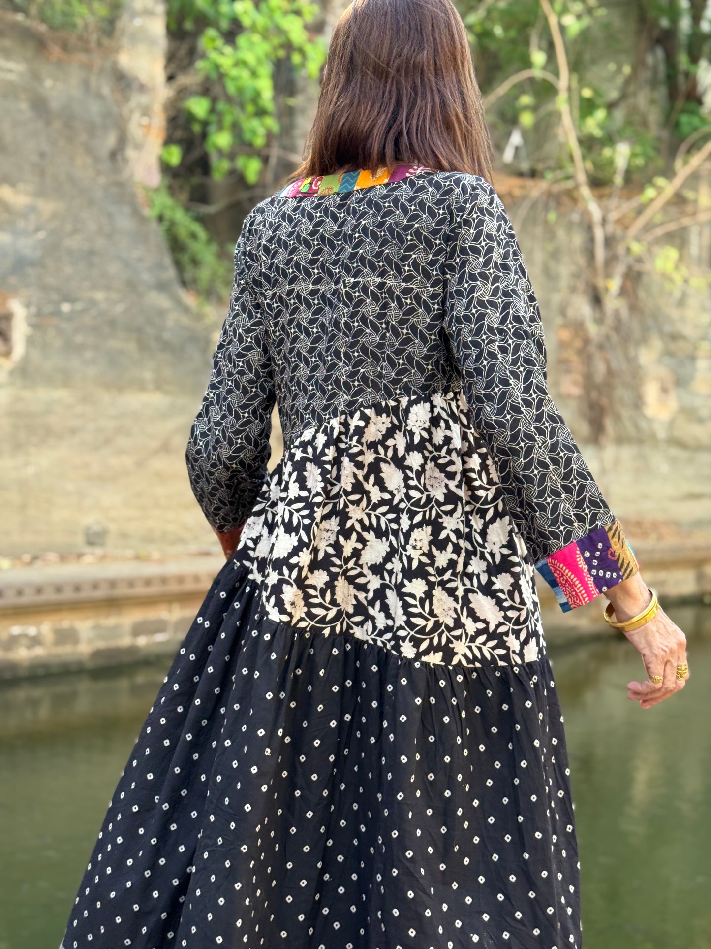Black and white Ajrakh dress with colorful patchwork
