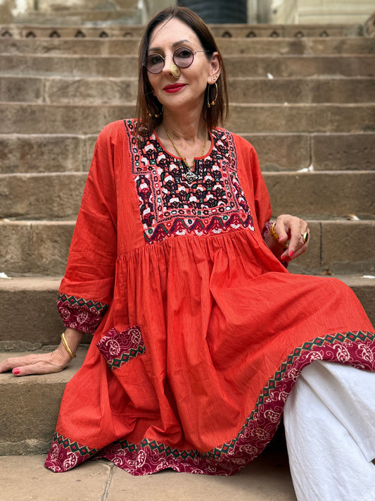 Kutch Tribal Embroidery Orange Cotton Tunic