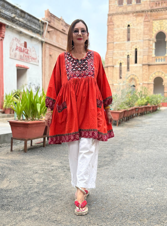 Kutch Tribal Embroidery Orange Cotton Tunic