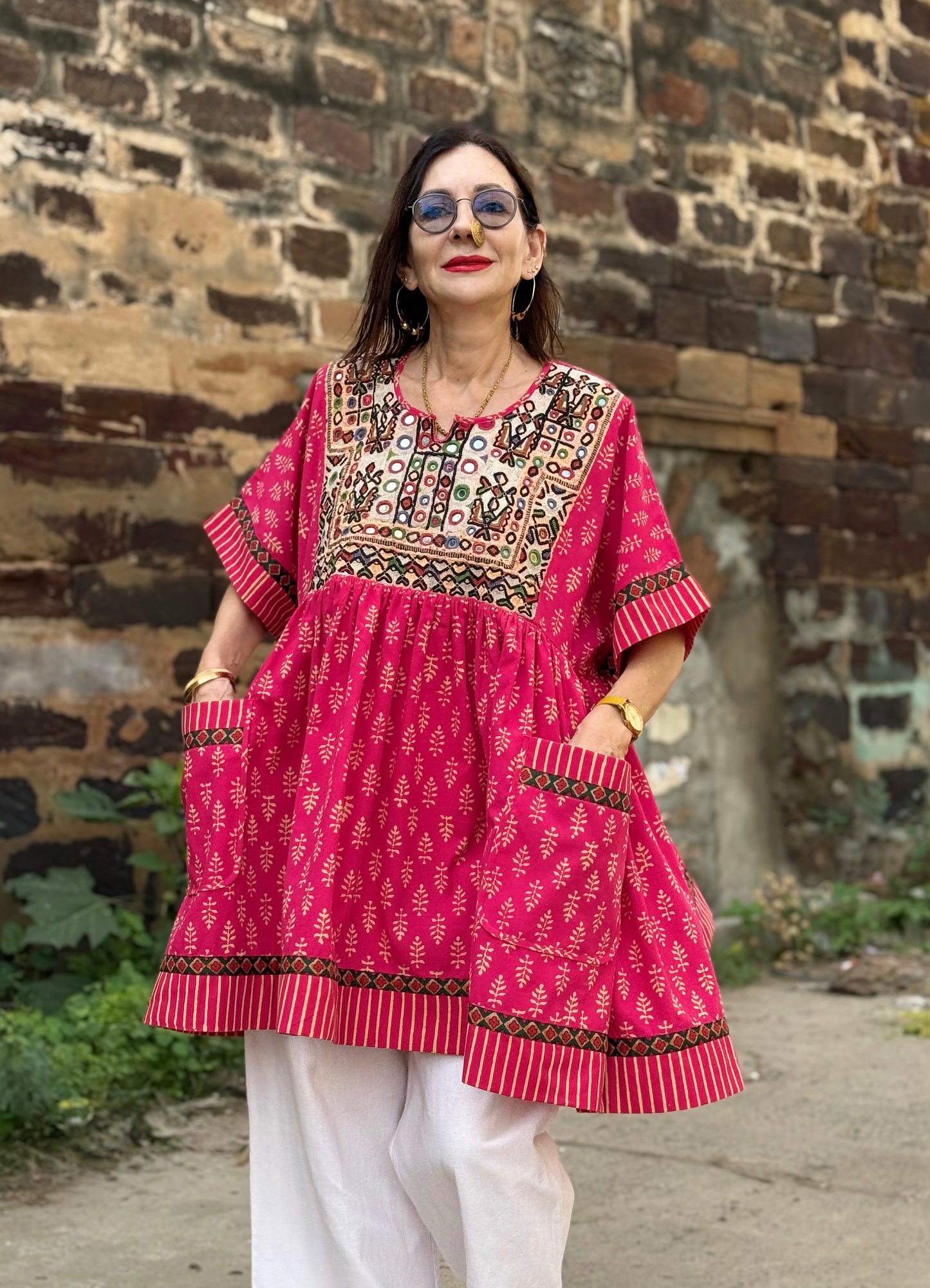 Reserved for Shanthini - Festive Pink Artisan Tunic with Mirror Embroidery