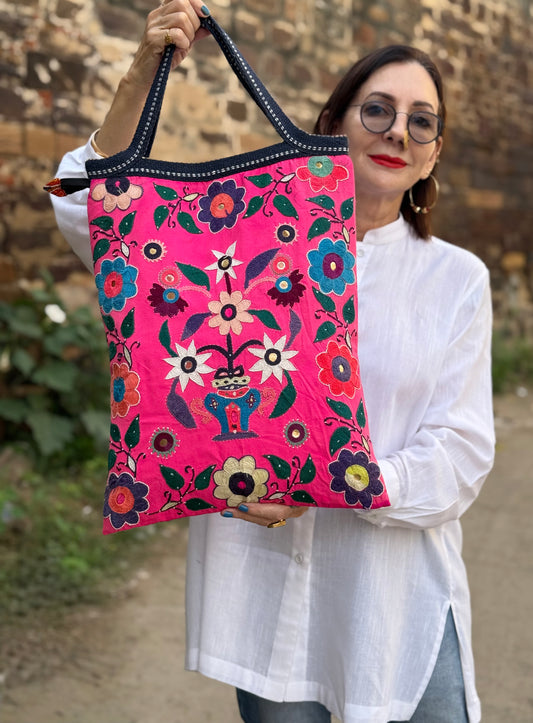 Happy Pink Kutch Tote – Hand Embroidered with Cheerful Flowers