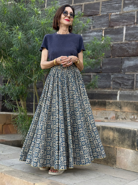 Blue & White Indigo Midi Skirt Block from Printed Cotton. Twirl Skirt Perfection!