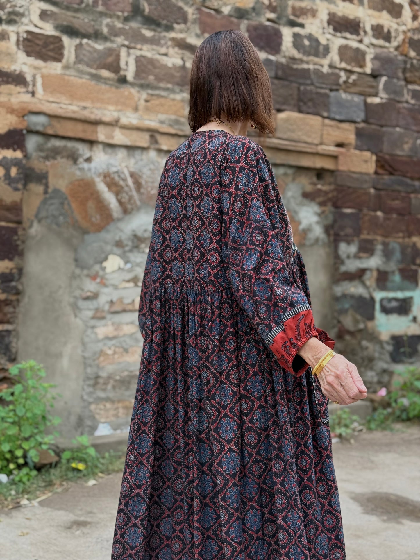 Dark indigo Ajrakh dress with fine Kutch hand embroidery
