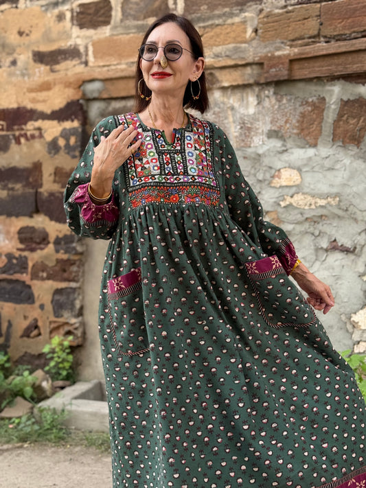 Statement Green Dress with Vintage Kutch Embroidery & Sparkle