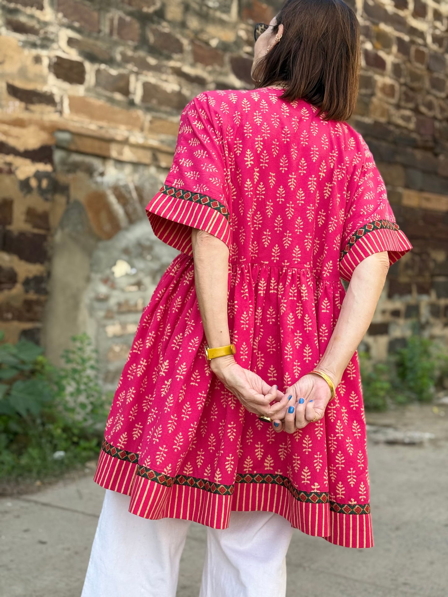 Reserved for Shanthini - Festive Pink Artisan Tunic with Mirror Embroidery